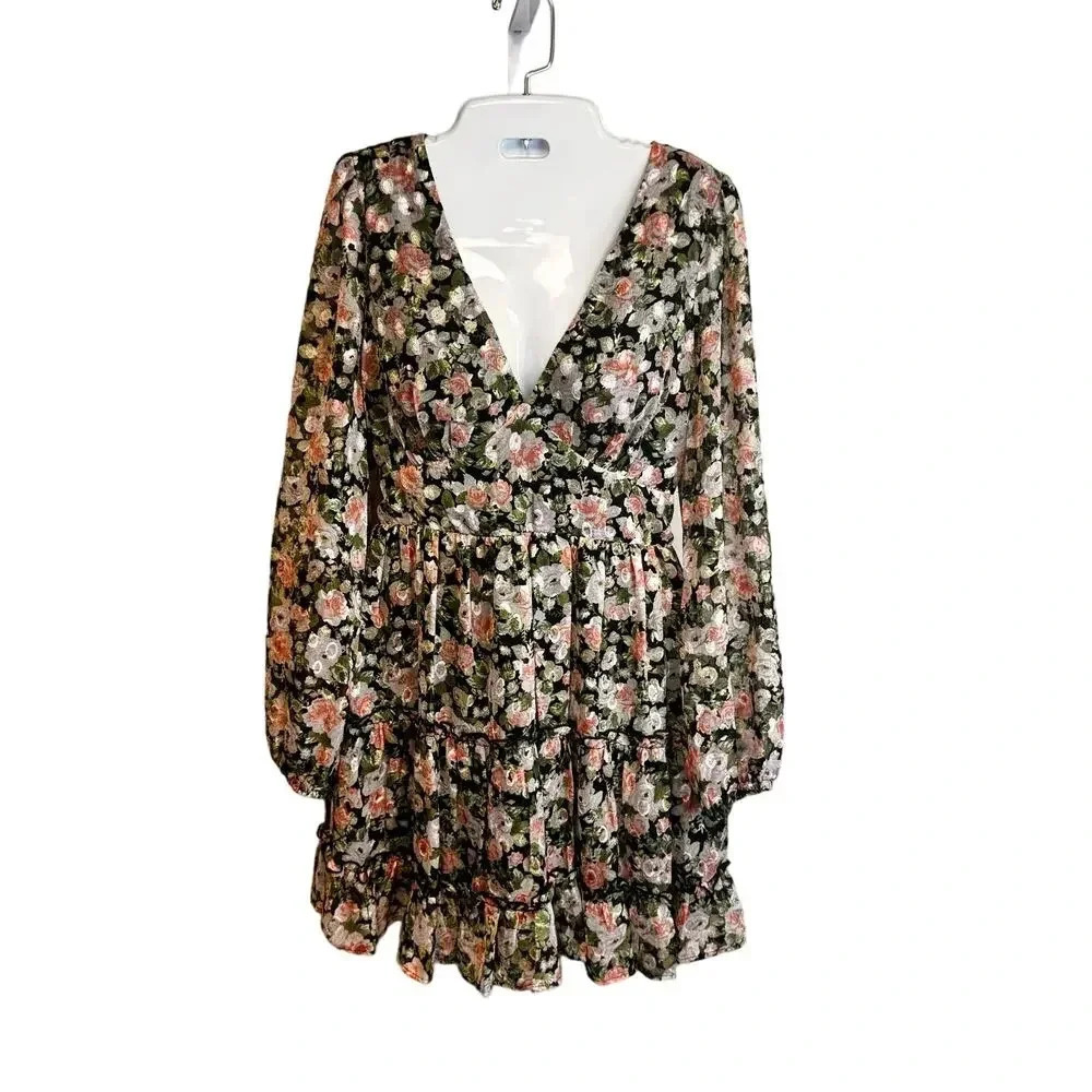 New All in Favor‎ Jacquard Floral Long sleeve Mini Dress Tiered Ruffle Women’s S